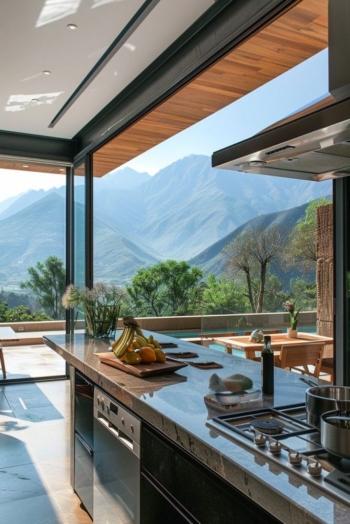 kitchen with terrace mountain views