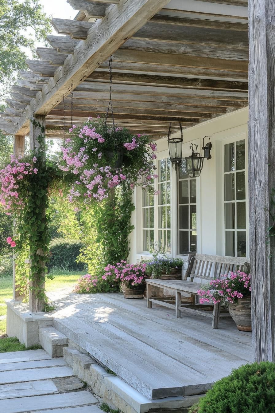 modern French country house front porch pergola with weathered wood and hanging flower planters 3