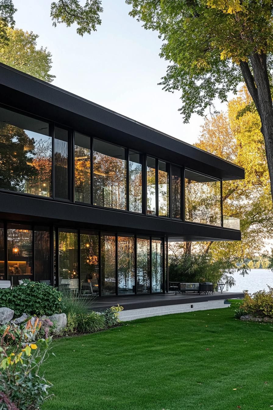mid century modern black house jet black stucco facade with large glass windows green lakefront 3