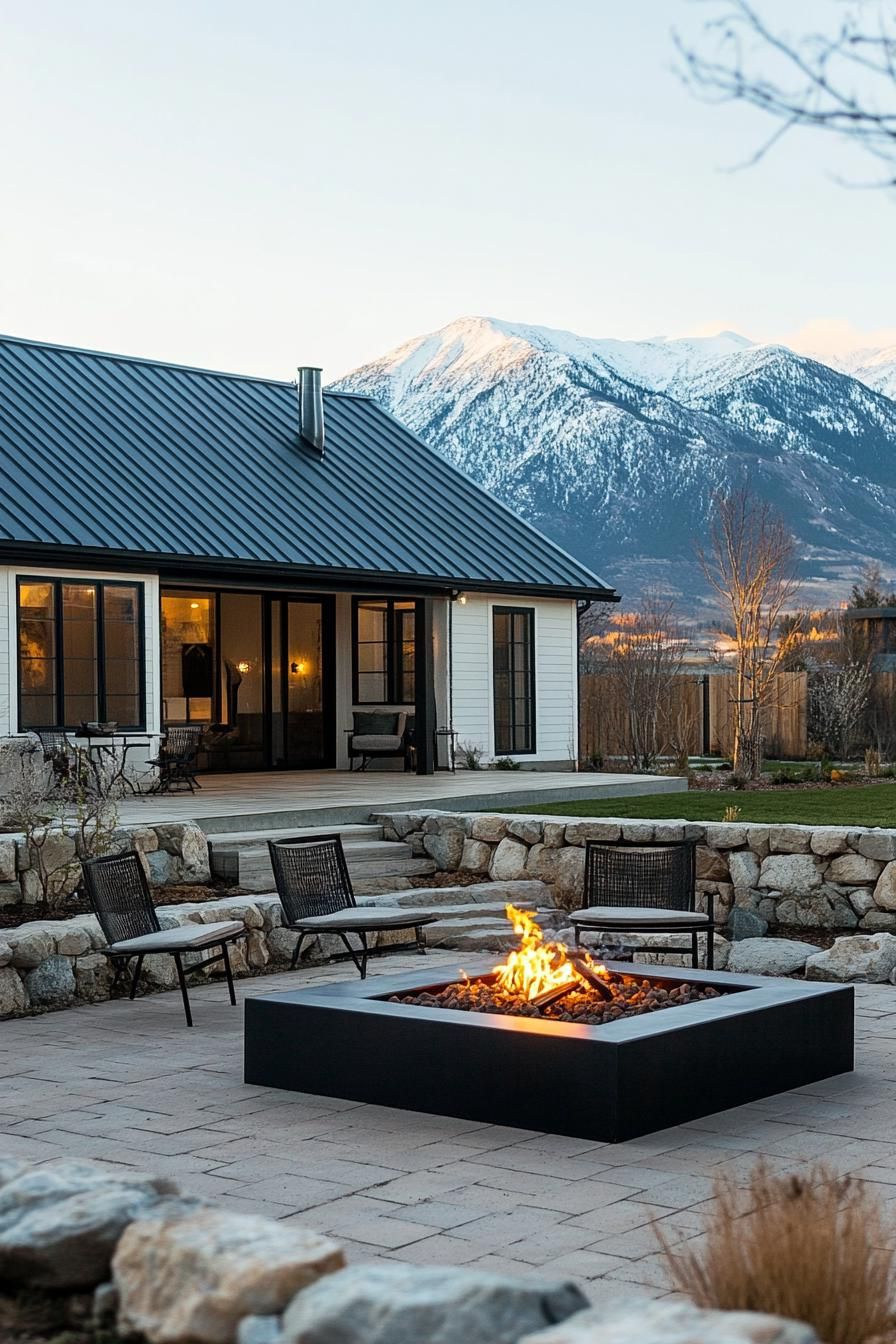 modern farmhouse L shaped courtyard with firepit lounge mountain views in winter 3