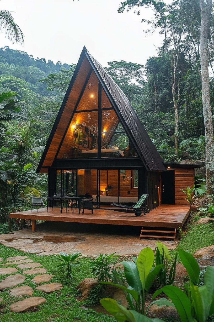 modern tiny log cabin with A frame facade in tropical mountain forest