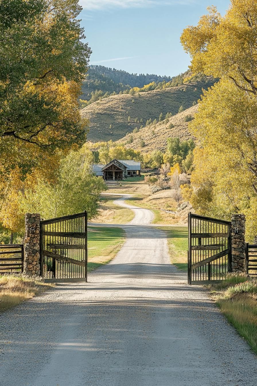 traditional ranch entrance direway mountain road large gate ranch house at the end of driveway 1