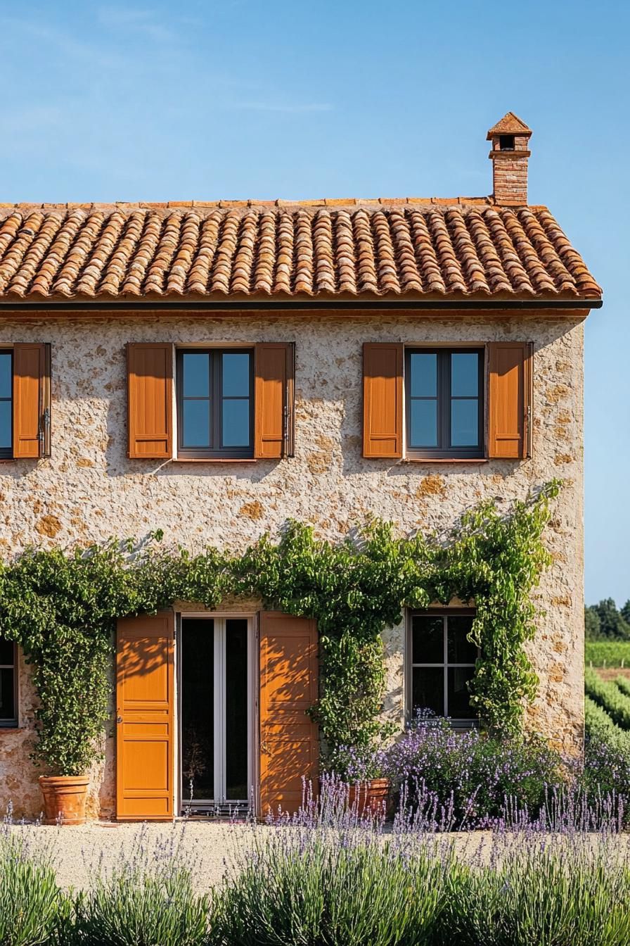 modern Italian mediterranean house facade with terracotta roof Italian farmland landscape 2