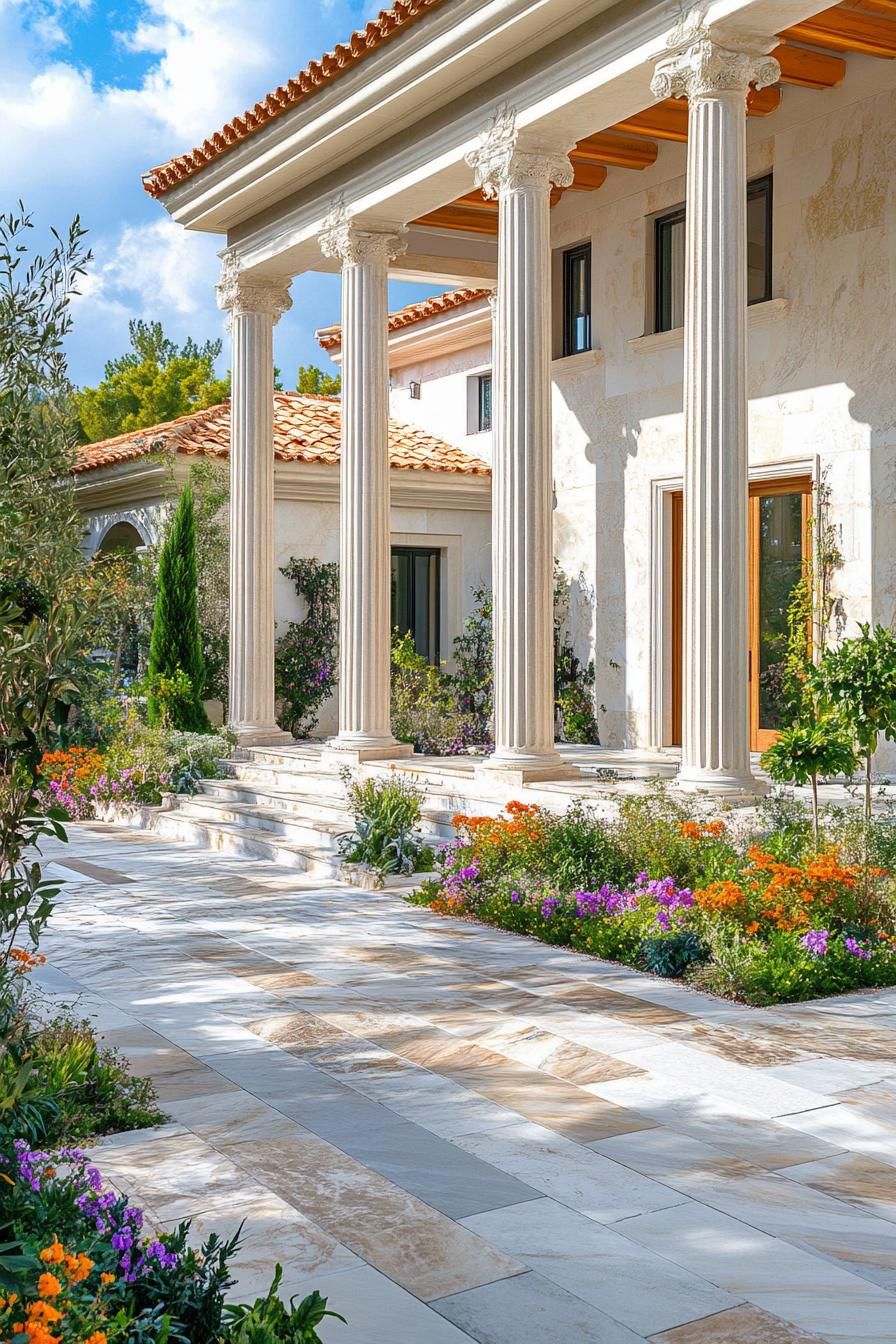 modern Greek marble mansion courtyard with columns mosaics and lush garden 3