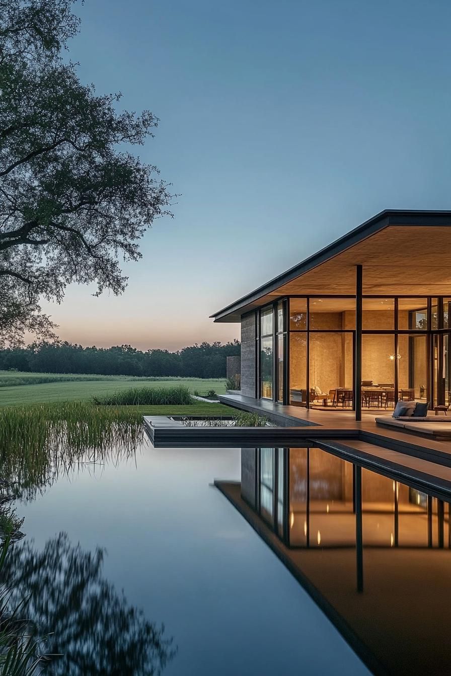 modern L shaped farmhouse with glass walls facing a beautiful large pond in lush fields 3