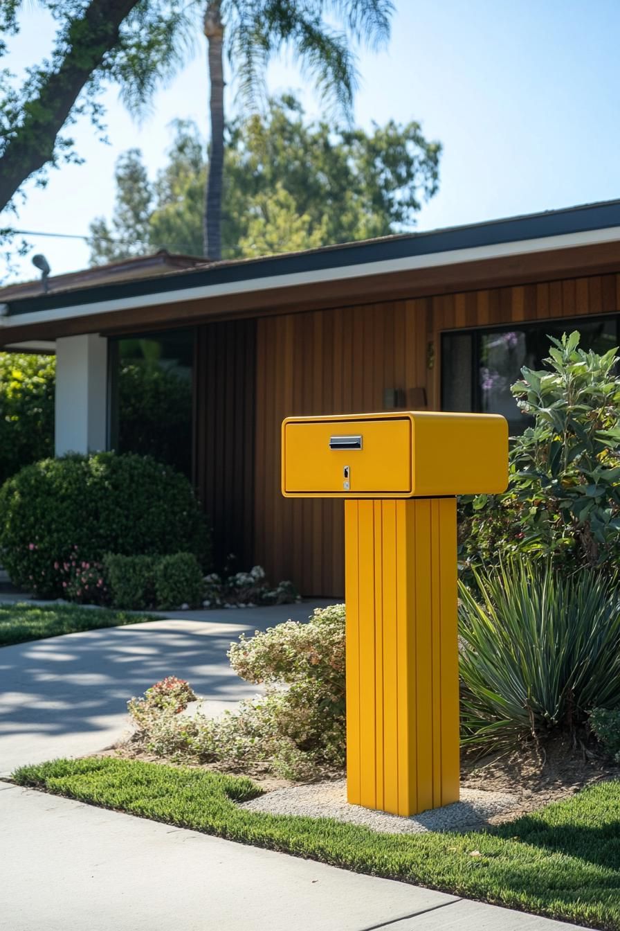 mid century modern house front yard statement mailbox in bright shade of yellow 3