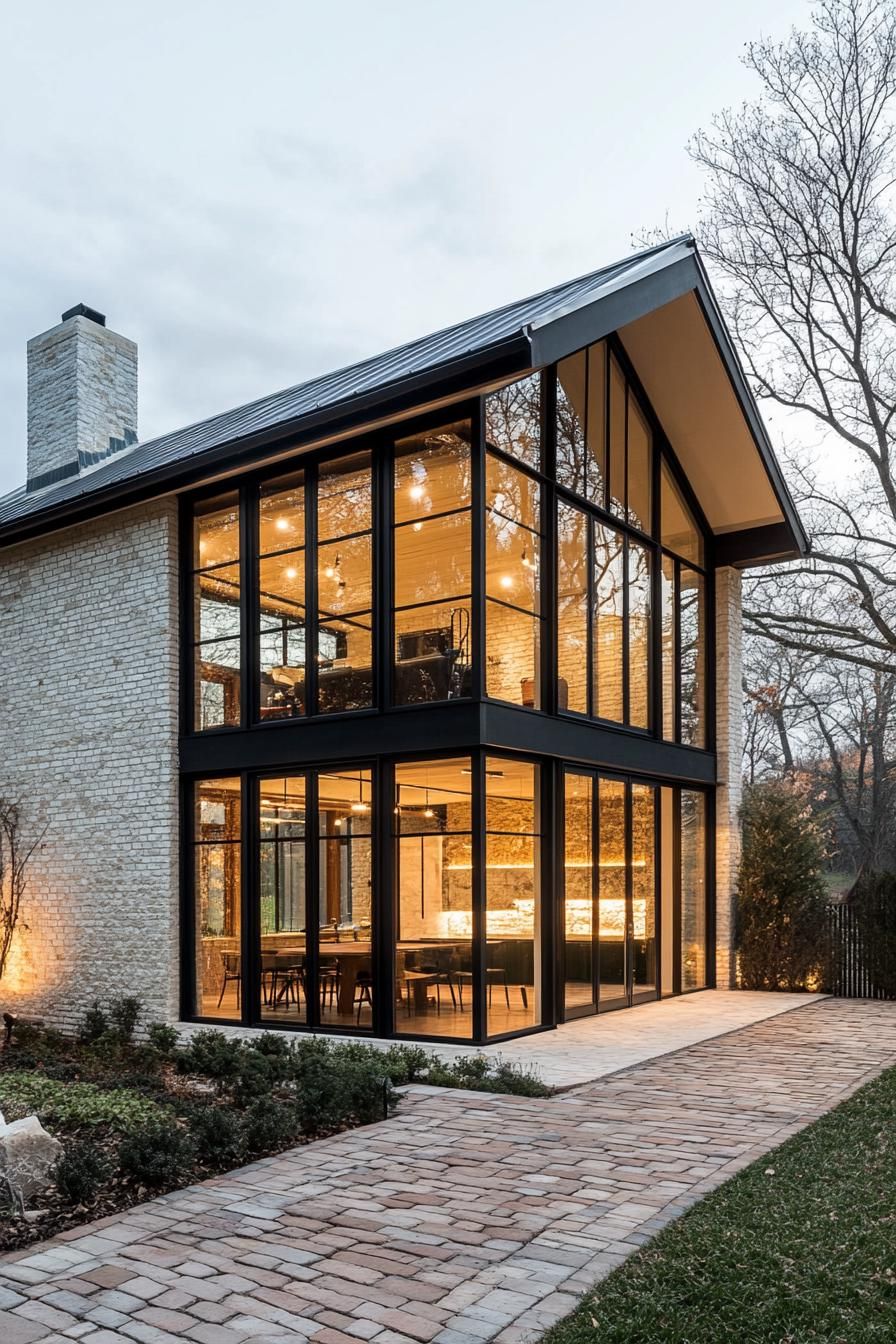 A two story modern glass house forms the central atrium supported by a black steel frame. The gabled grey metal roof and floor to ceiling windows 2