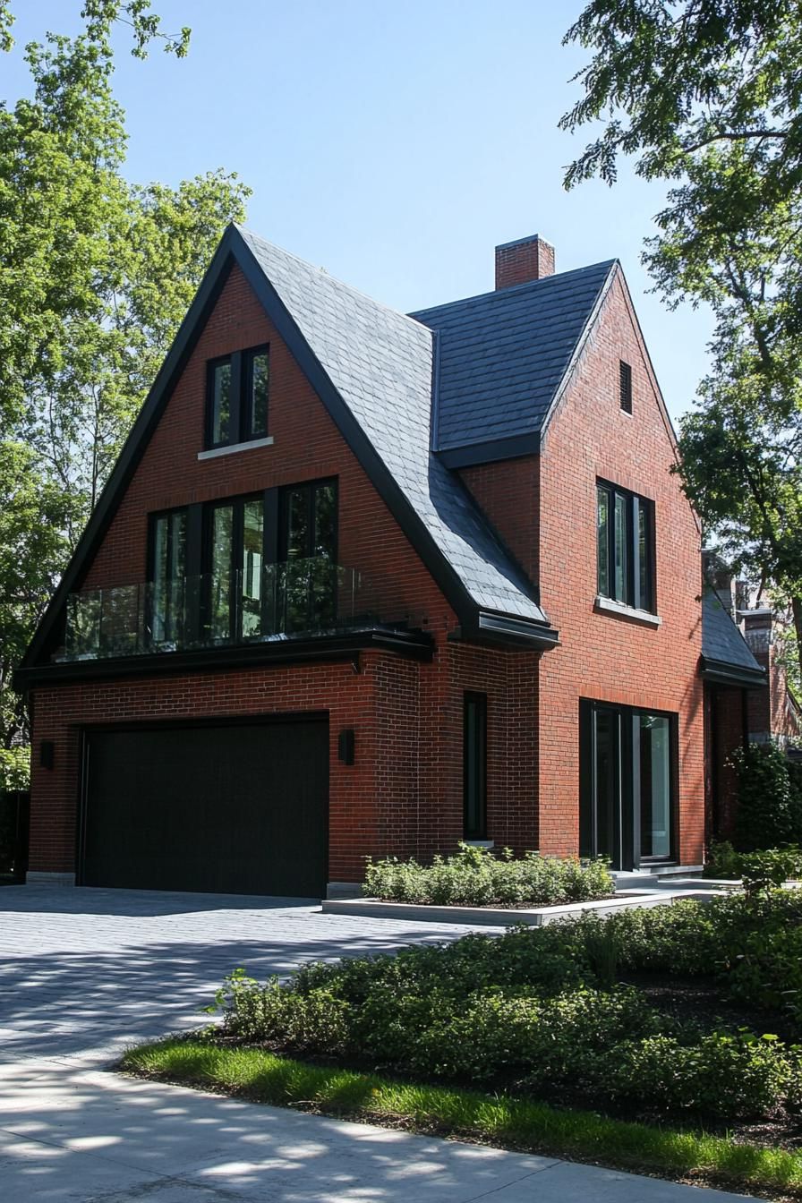 red brick house with modern multi pitched roof attached garage 1