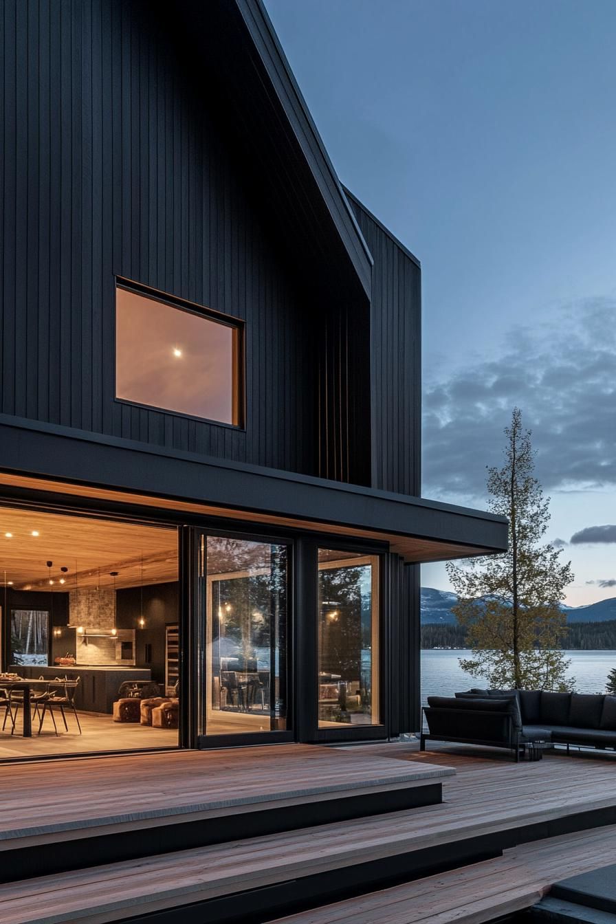 modern barndominium house facade with black timber cladding and large glass doors stunning lakeside views
