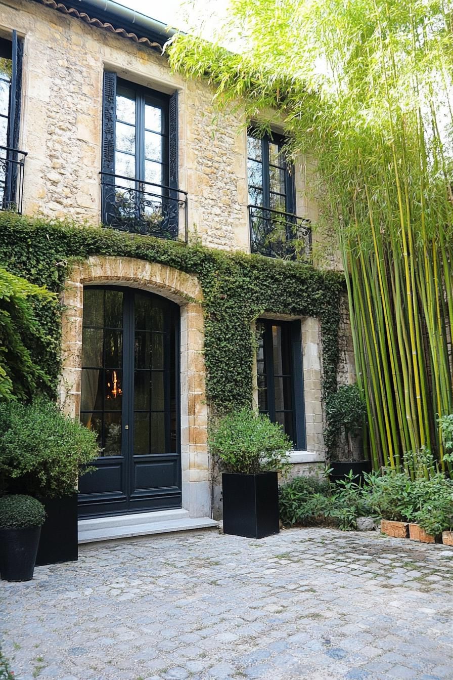 modern French house facade with bamboo accents rustic French garden 3