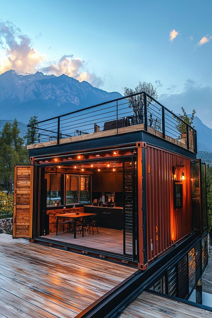 tiny shipping container house with rooftop deck built onto it extending outside as a deck cover mountain range in the background 2