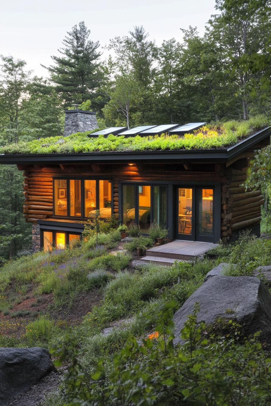 modern forest house log cabin facade with green living roof 3