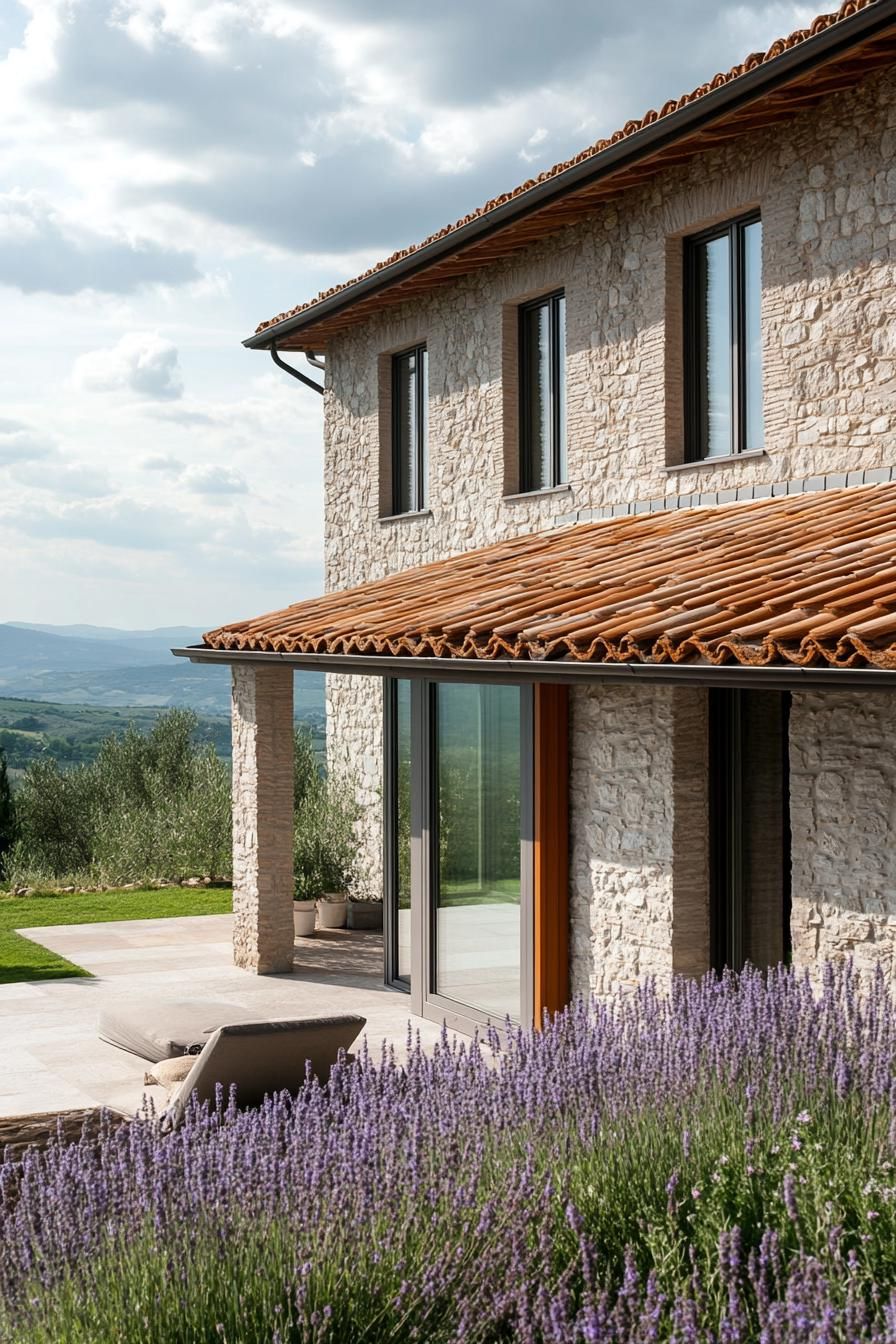 modern stone villa with terracotta roof in Tuscany