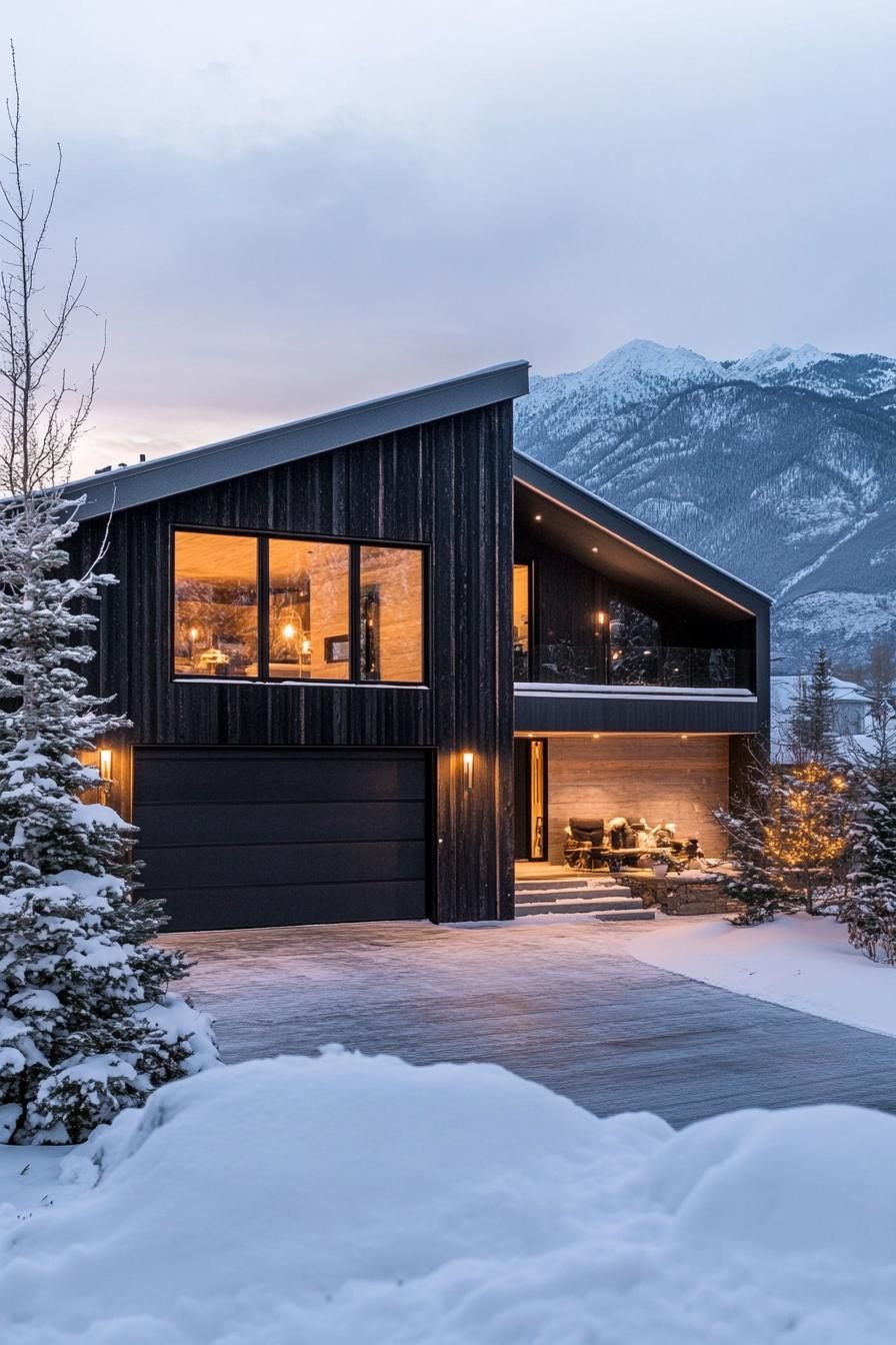 modern house with natural cedar shiplap exterior in charred wood finish winter mountains