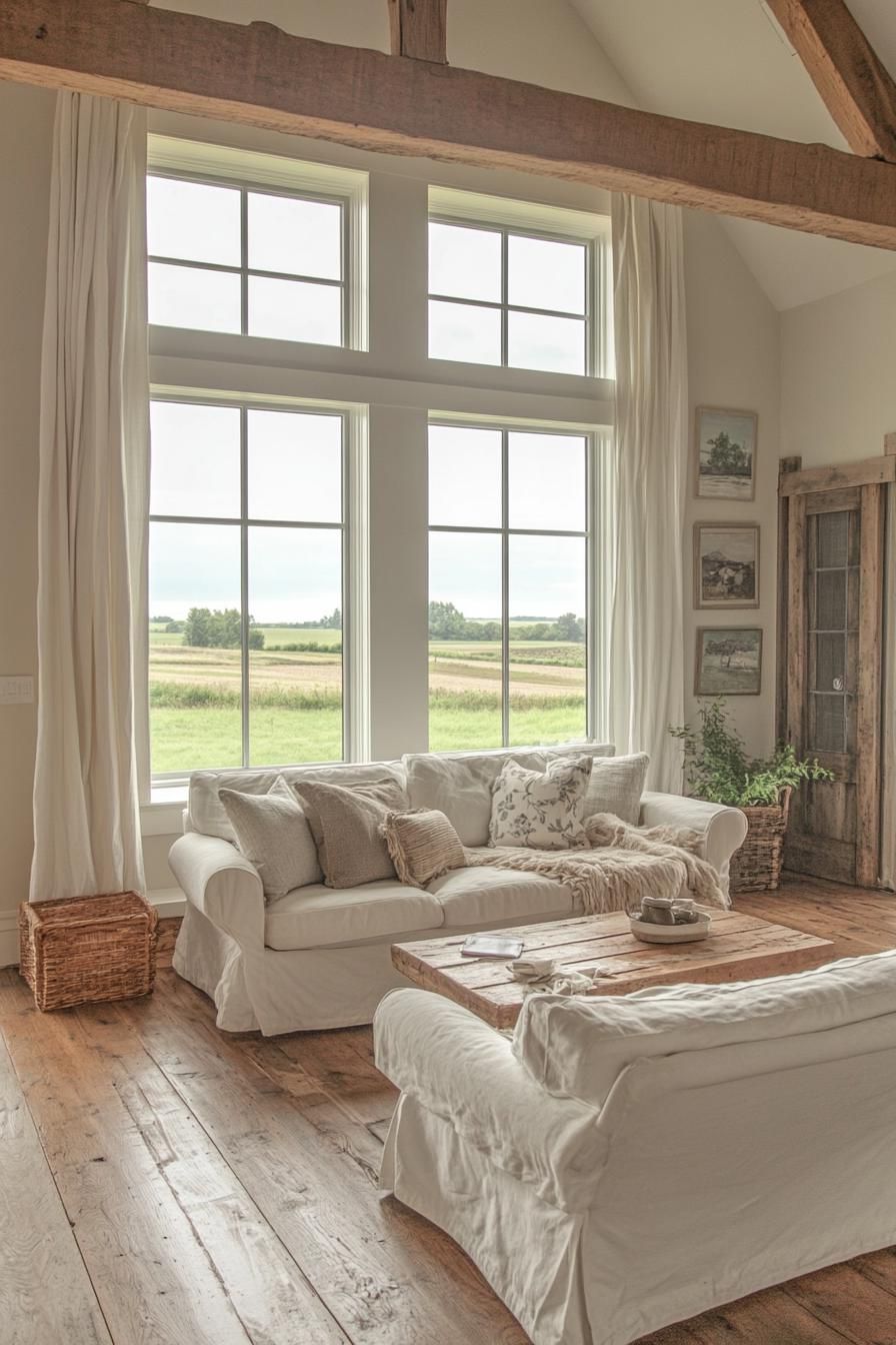 modern English cottage interior with reclaimed wood accents large windows overlooking picturesque countryside 2