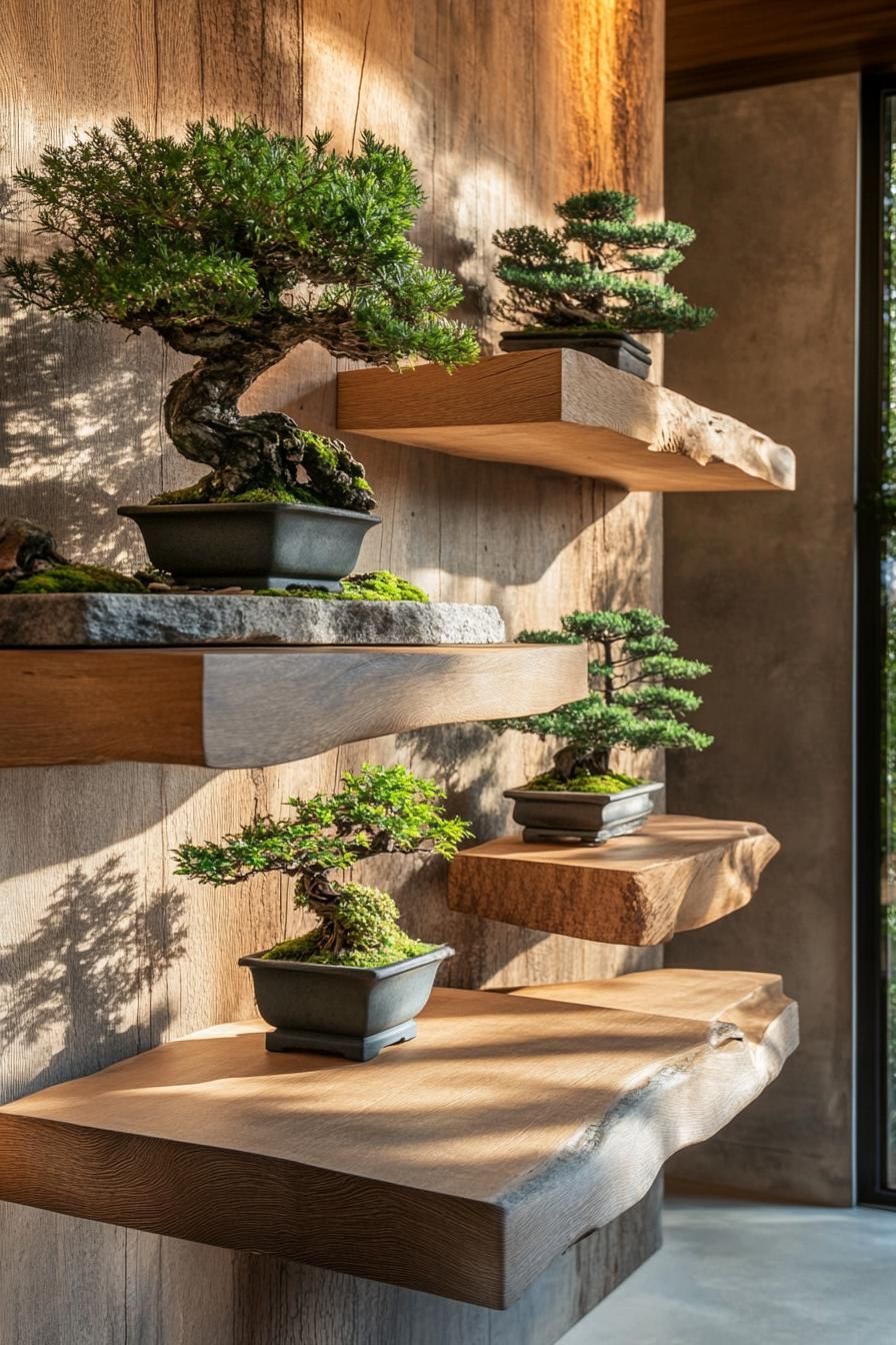 modern zen style home interior shelves with bonsai trees 2