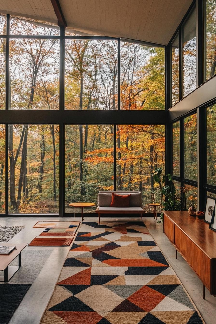 mid century modern house interior with geometric rugs and large windows overlooking a stunning forest