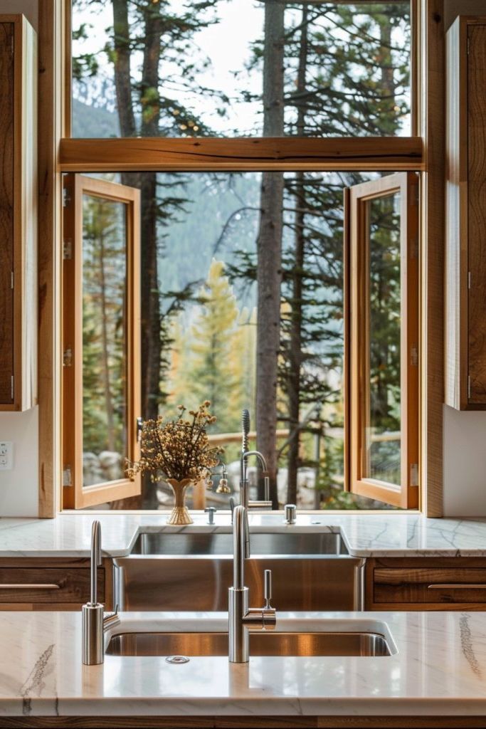 kitchen window open to mountain forest