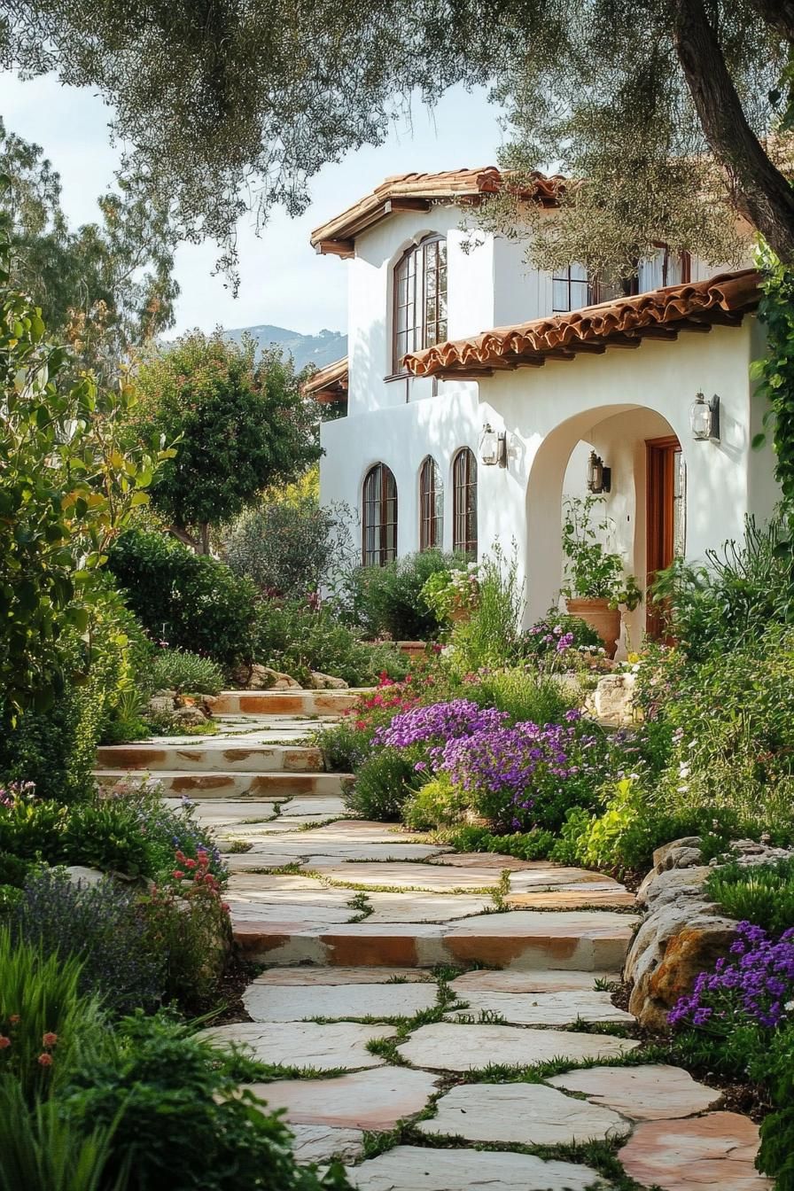 mediterranean revival architecture home garden with stone and terracotta pathway 2