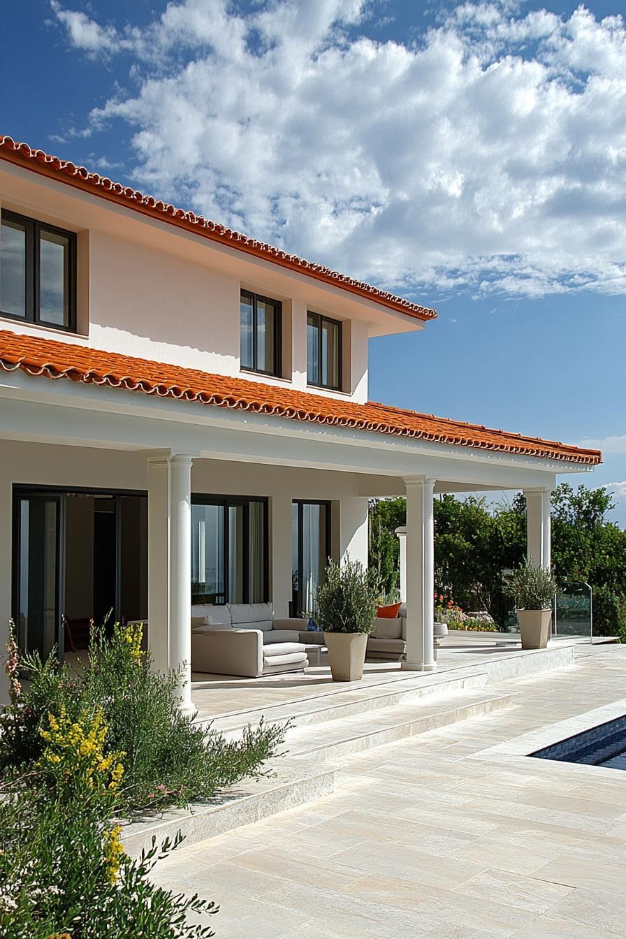 modern big villa with terracotta roof on Greece coast