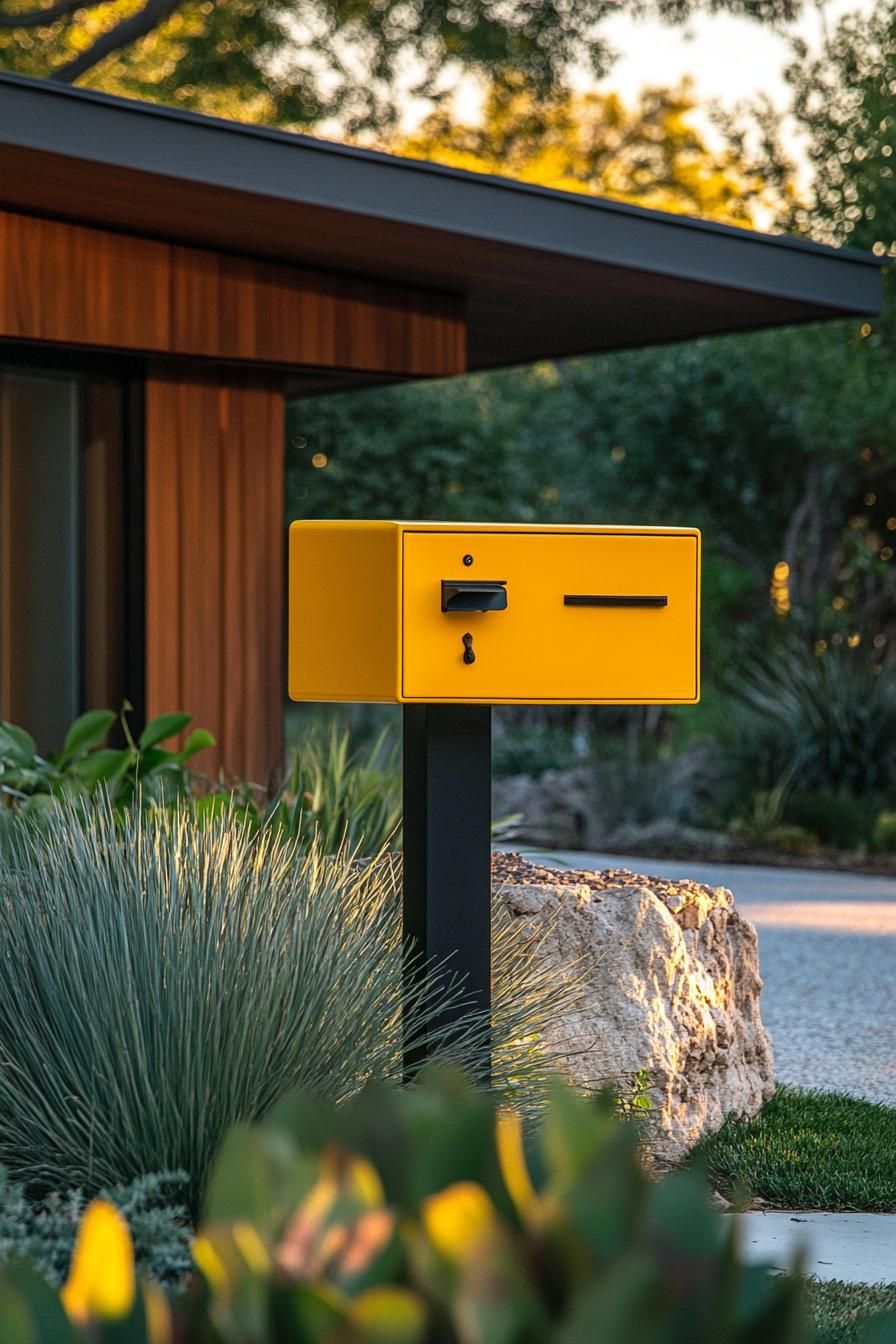 mid century modern house front yard statement mailbox in bright shade of yellow