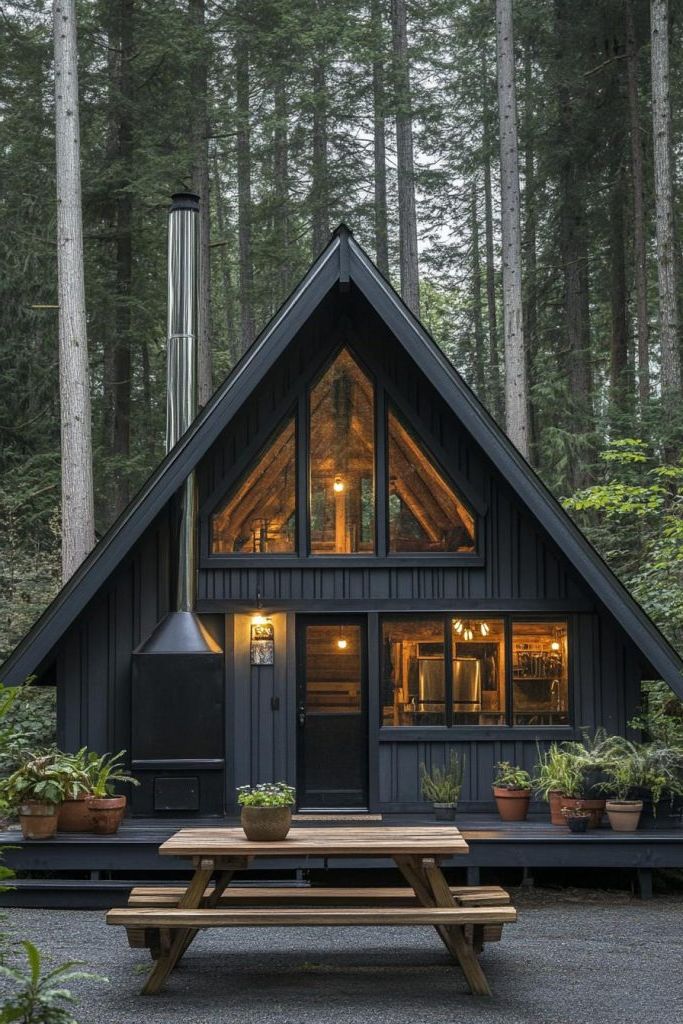 black a-frame forest cabin