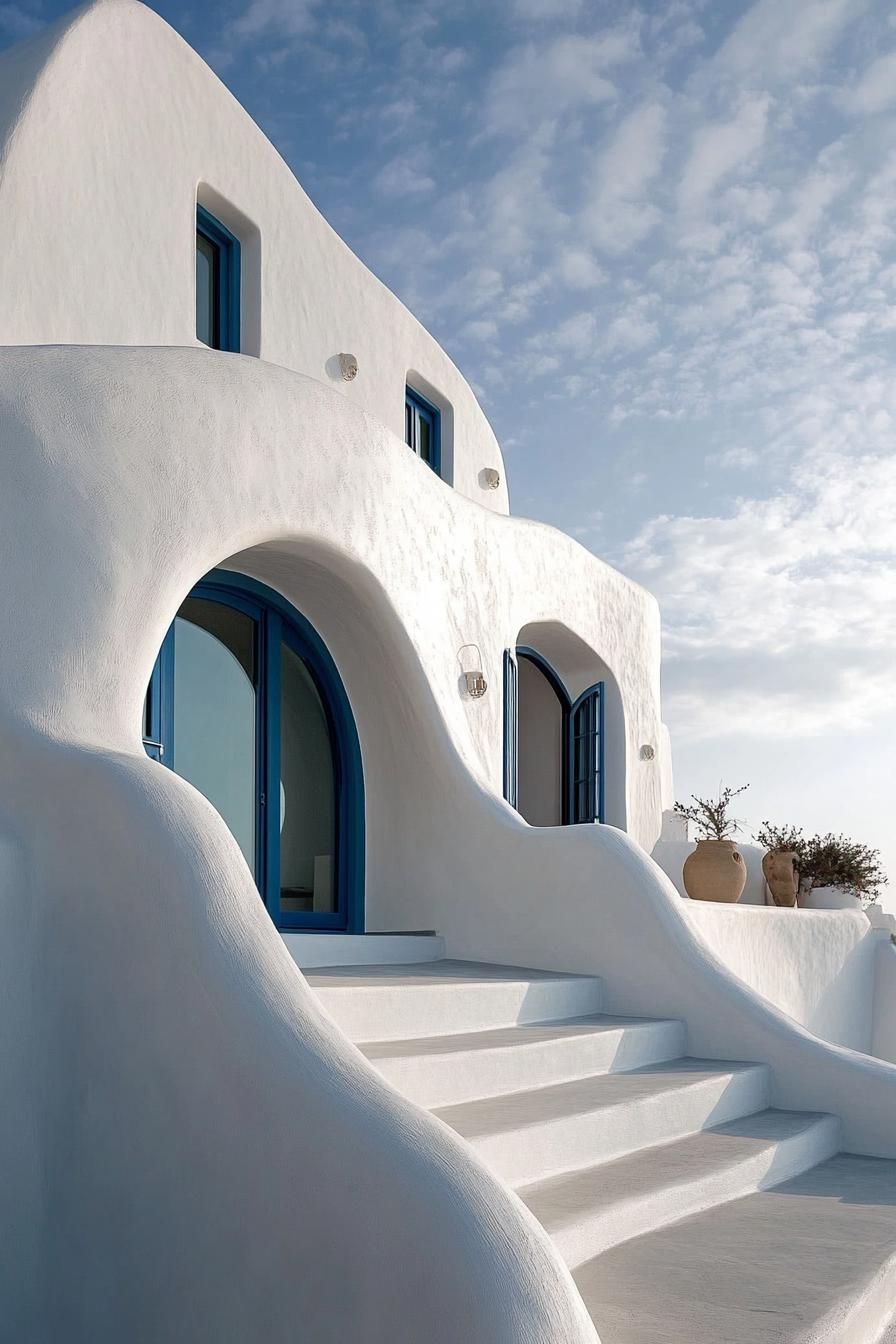 White Stucco Mansion With Blue Accents in Santorini