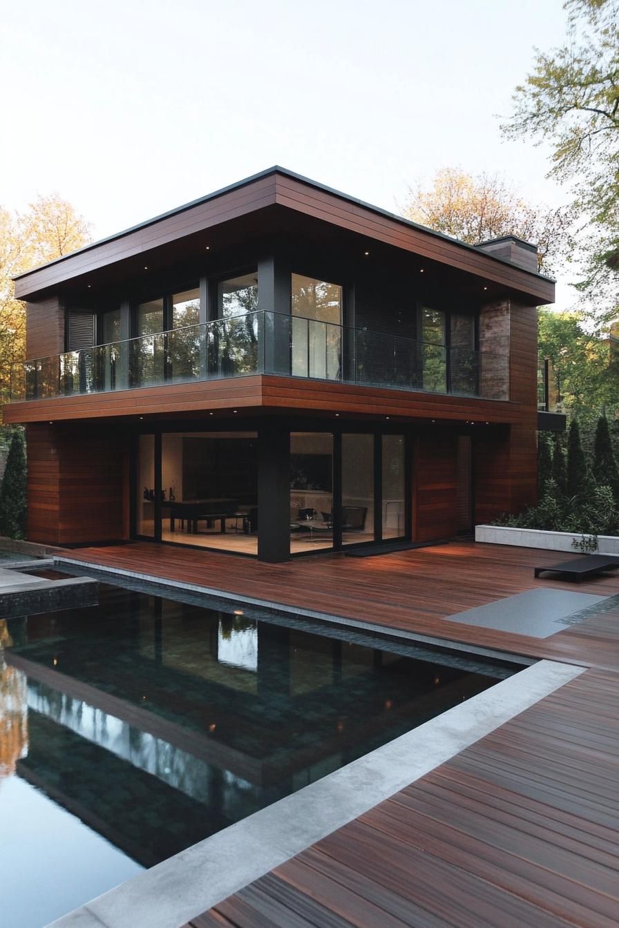 modern wood house dark stained timber facade with glass railings wooden deck leading to a small pool