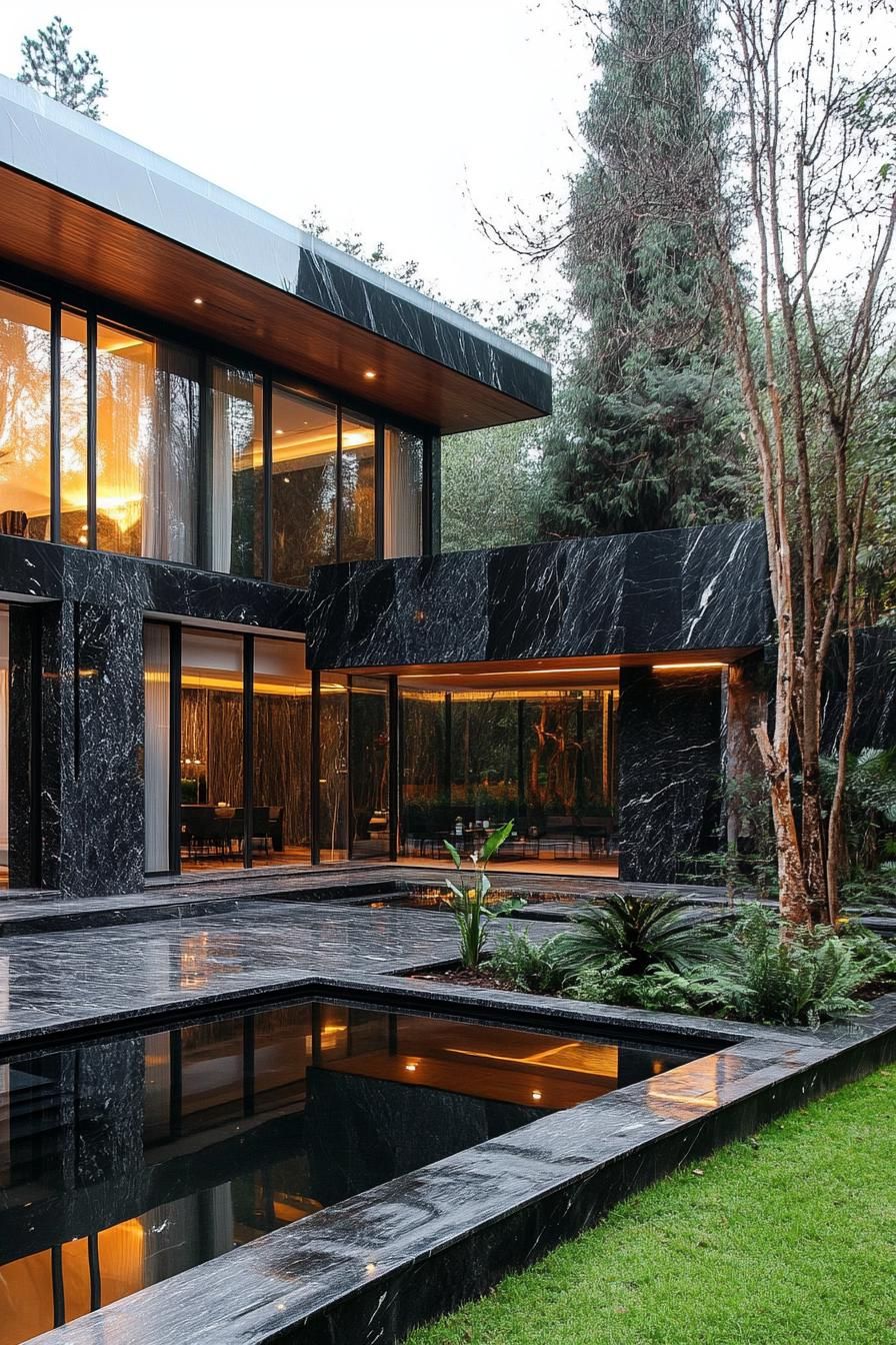Sleek Black Marble Mansion With a Nature-Filled Oasis