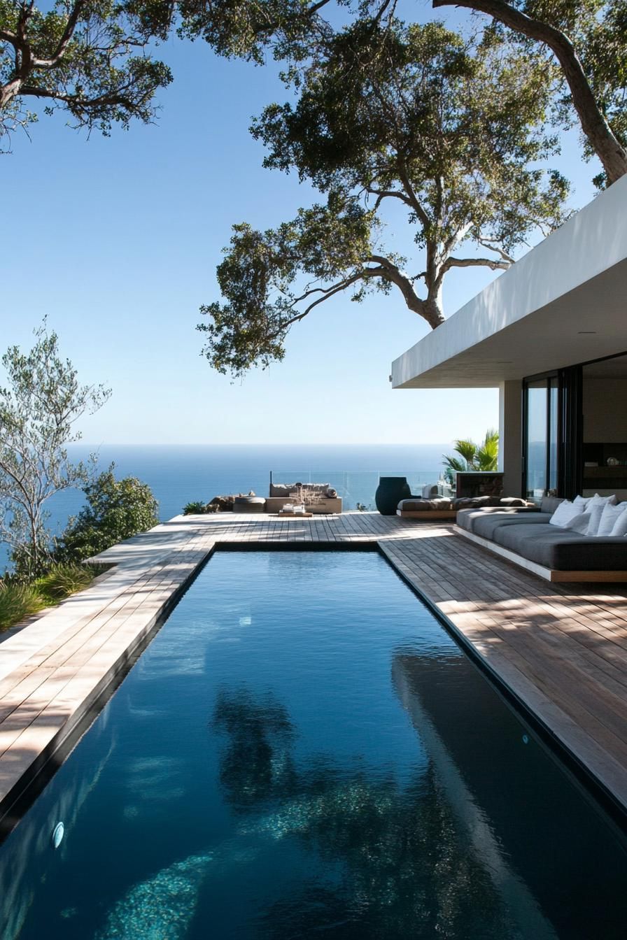 modern house backyard poolside raised wooden deck stunning ocean views 3