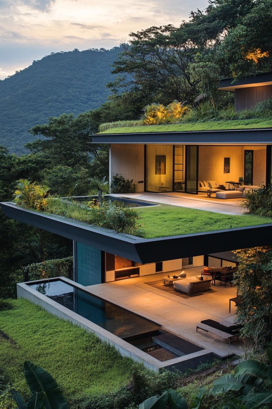 modern house on a slope with green roof and lush forest views 2