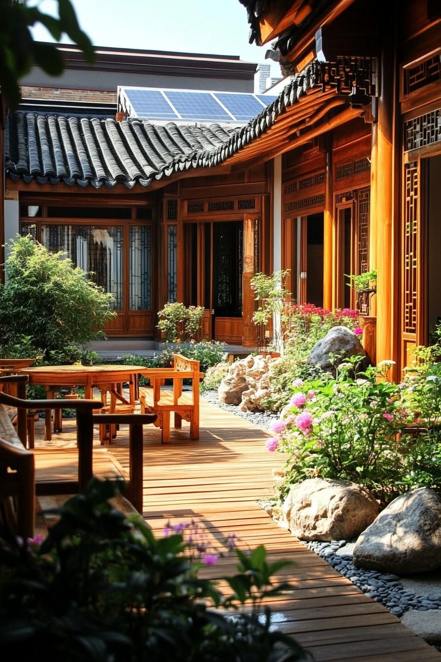 chinese inner courtyard wooden deck wooden furniture garden rocks flower bushes chinese detailing solar panel visible on the roof 2