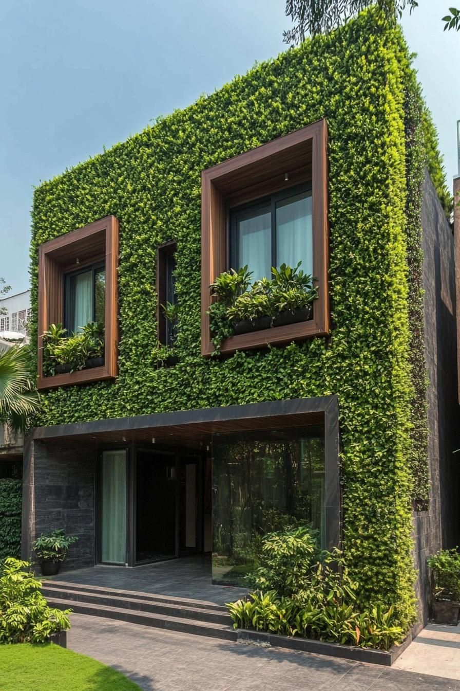 modern house with green color facade with living garden walls