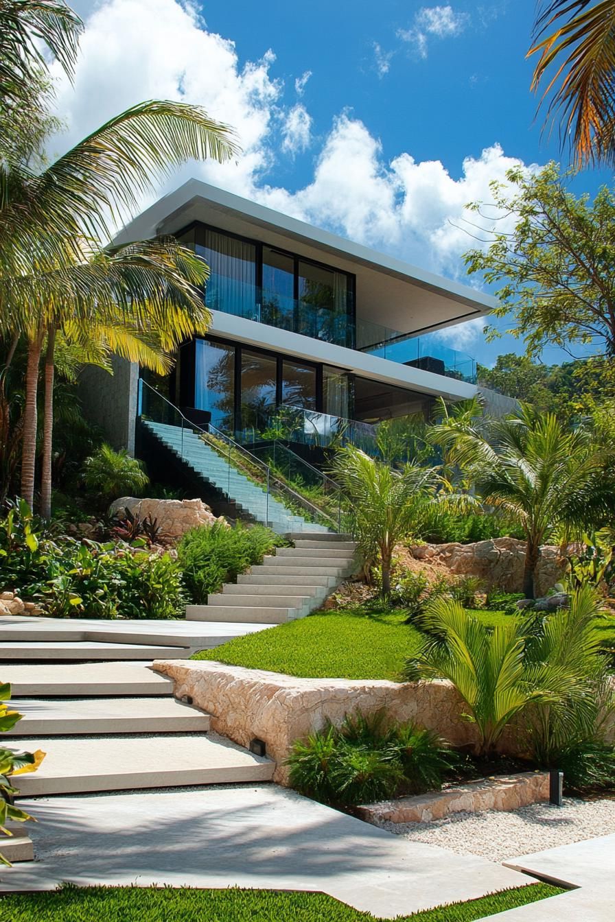 modern villa exterior front yard with glass staircase hillside tropical landscape