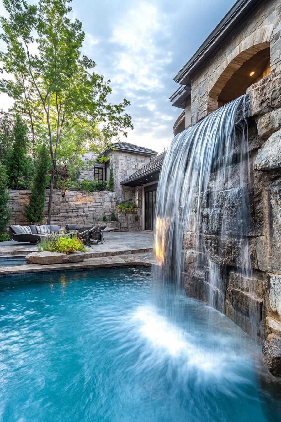 modern house backyard pool rock waterfall feature 3