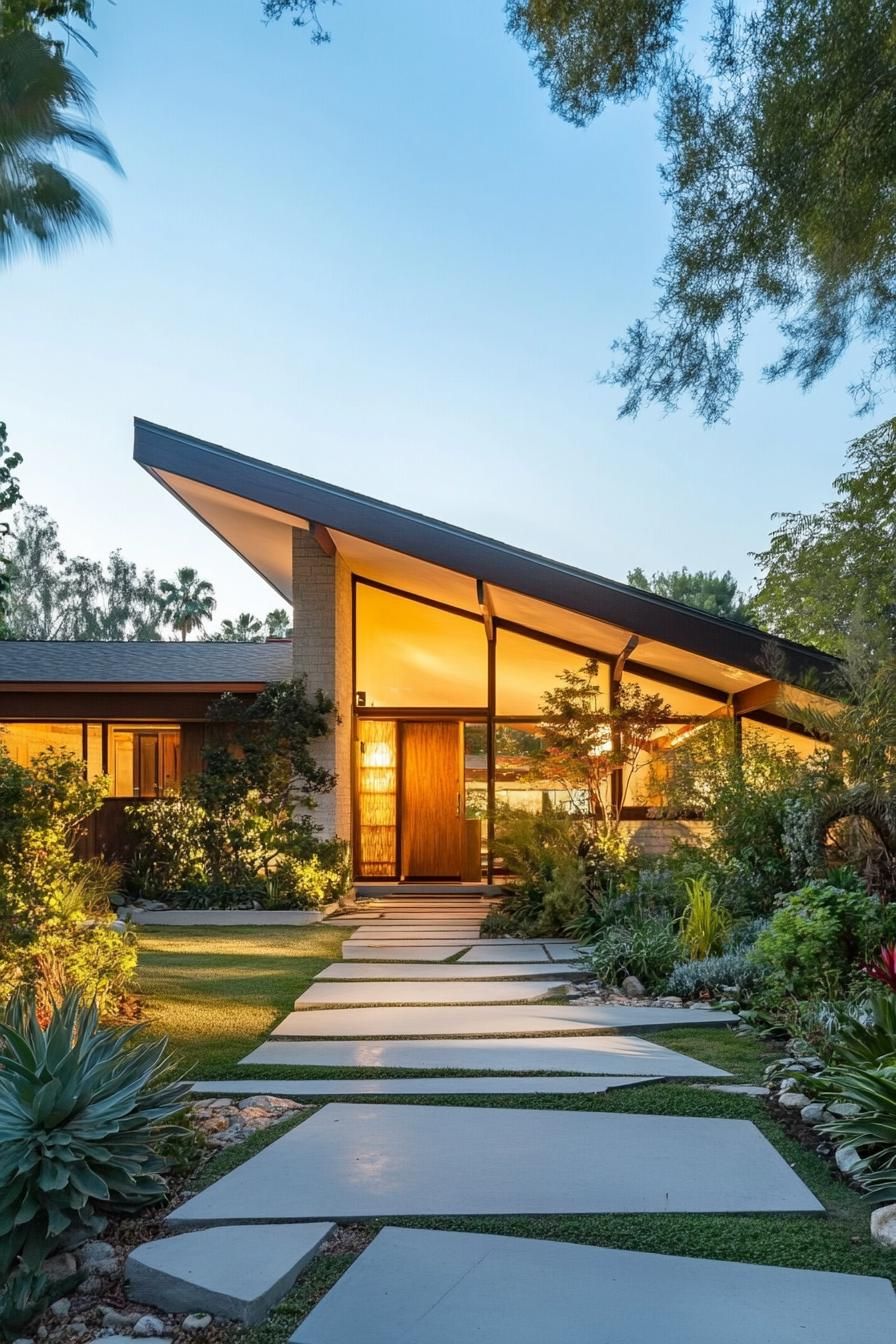 70s midcentury house facade with sharp angular rooflines front yard geometric pathways 3