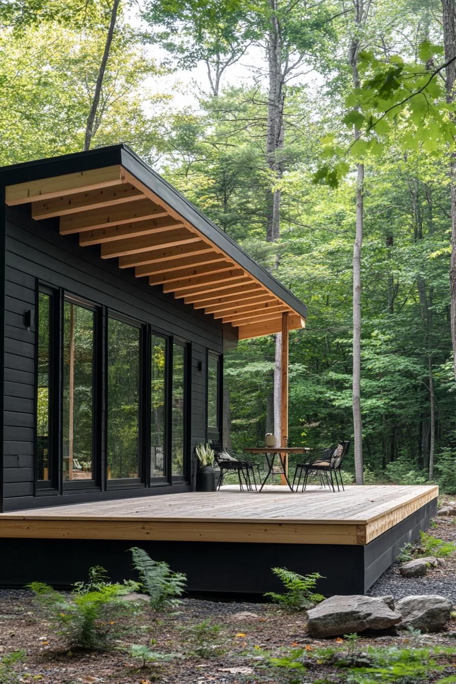 modern prefab small house facade with charcoal black shiplap siding large black trim windows flat roof extending over a wooden deck with beams and