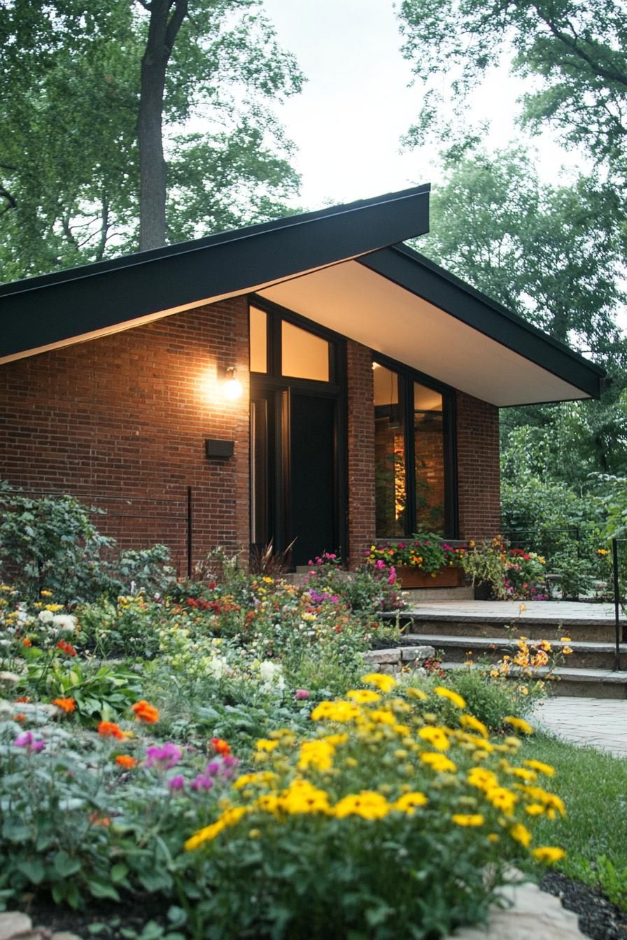 modern brick cottage with multi pitch roof exterior with flowers 3