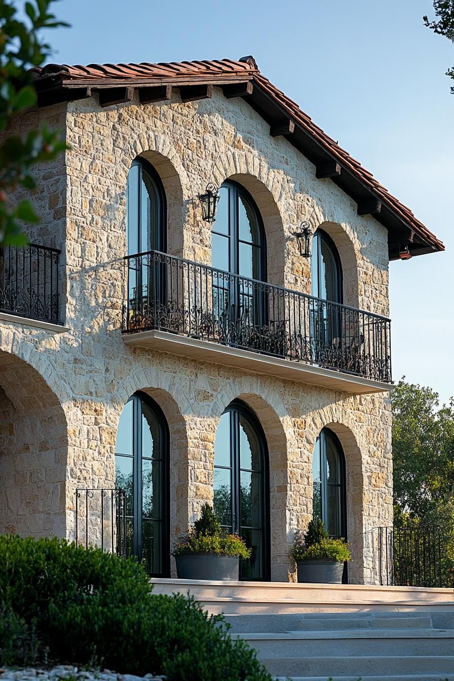 modern Tuscan house with arched windows and wrought iron balconies
