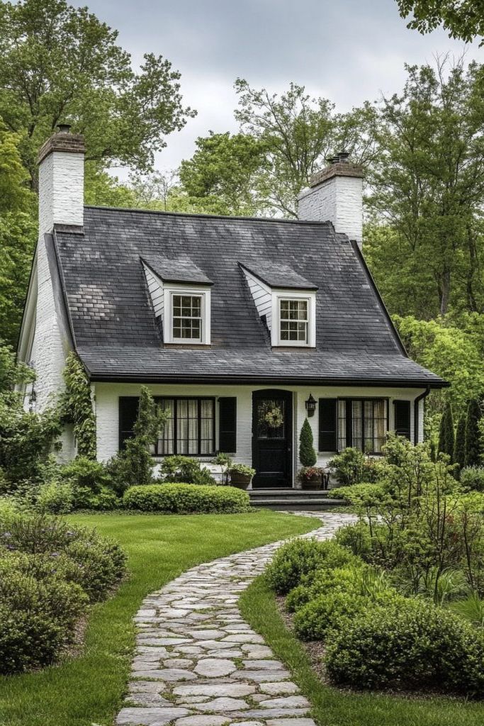 cottage house white slatted facade and black roof 3