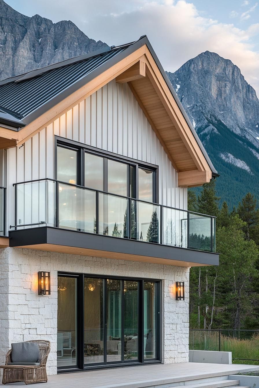 modern cottage style mountain house facade with whitewashed vertical slat siding white stone accent wall modern glass doors and windows glass 3