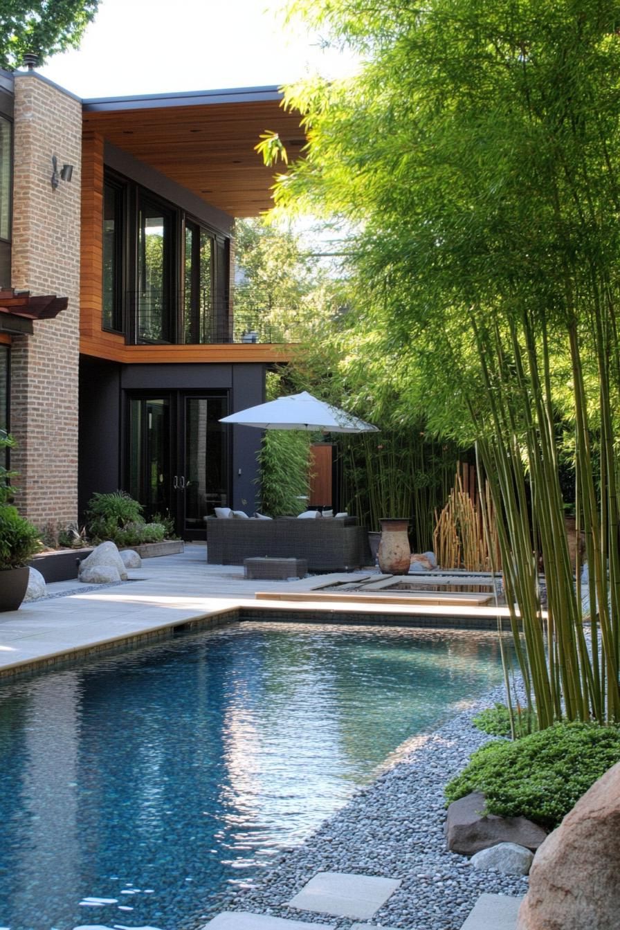 modern house backyard pool landscape with zen bamboo garden 2
