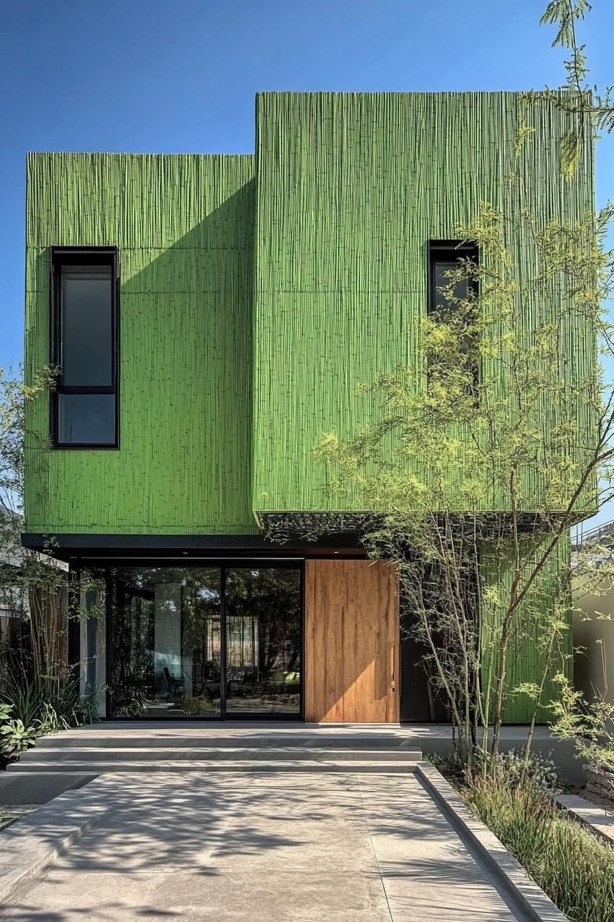 modern house with green color facade with bamboo cladding painted green 3