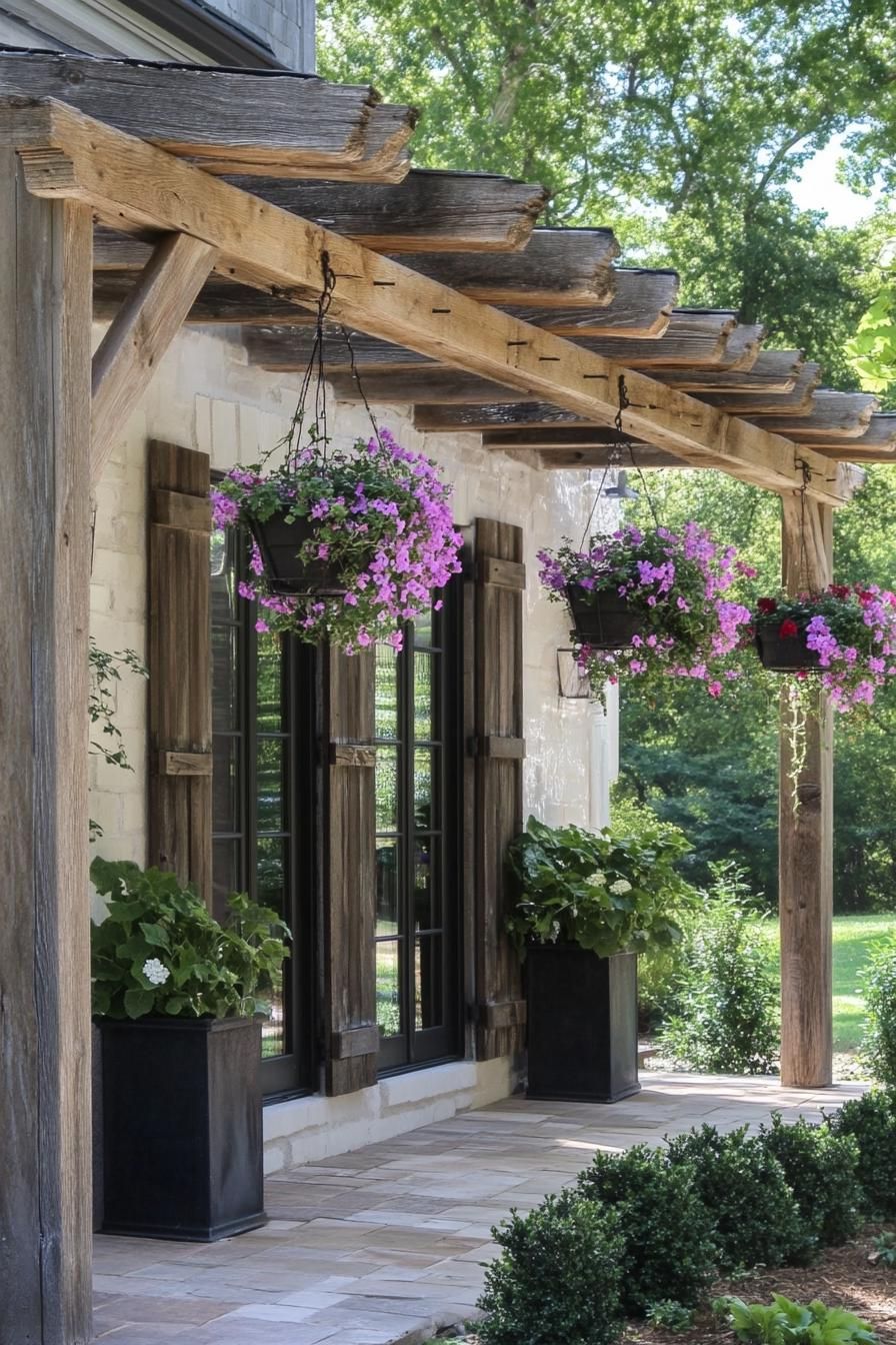 modern French country house front porch pergola with weathered wood and hanging flower planters 2