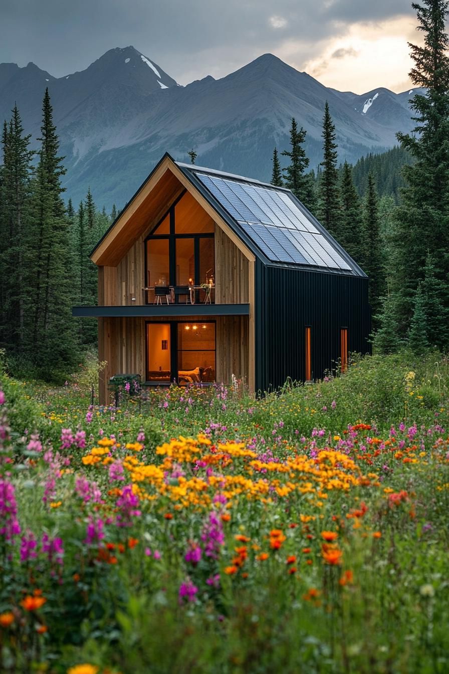 modern minimalist geometric cabin with solar panel roof in mountain forest the cabin is surrounded with flower bed garden 3