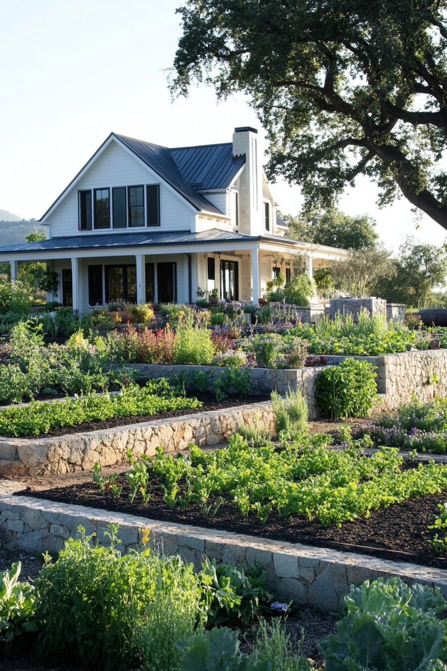 modern farmhouse with veggie gardens bordered with irrigation