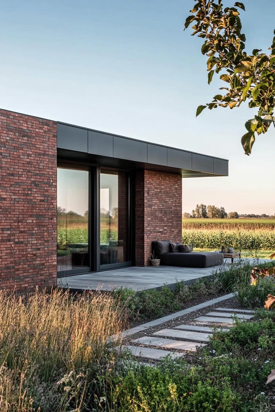 modern prefab small house elongated facade with brick veneer siding dark metal trim flat roof Scandinavian fields