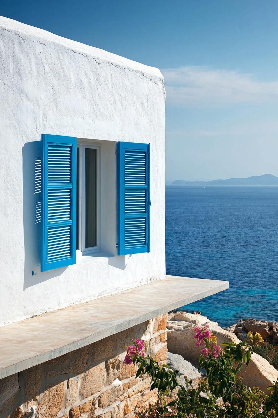 small modern mediterranean house Greek style blue shutters sea view 2