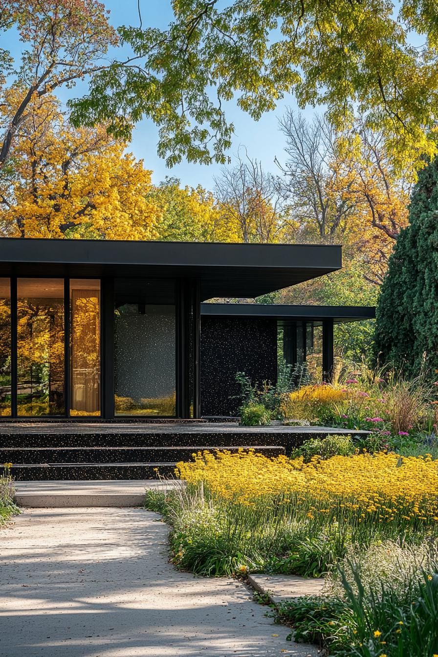 mid century modern black house black terrazzo facade with gold flecks full house view yellow meadow front yard 2