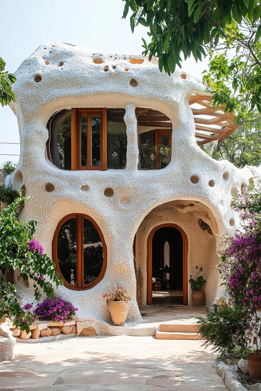 modern cob house facade ith floral pattern exterior 3